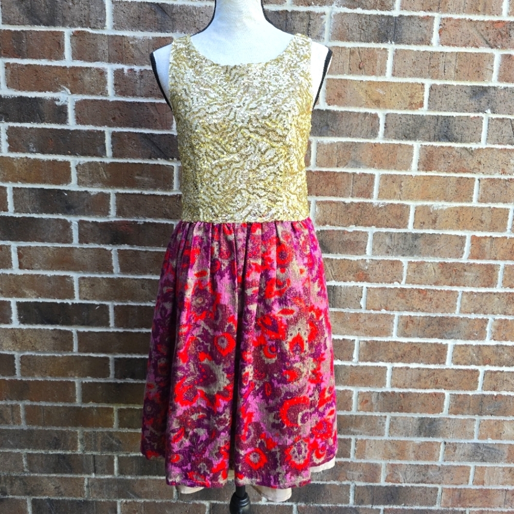 Wren Anthropologie Gold Jacquard Bodice Floral Skirt Dress Size Small Party